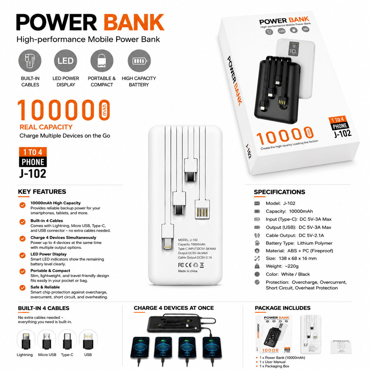 Power Bank J-102 10000mAh with 4 Built-in Charging Cables
